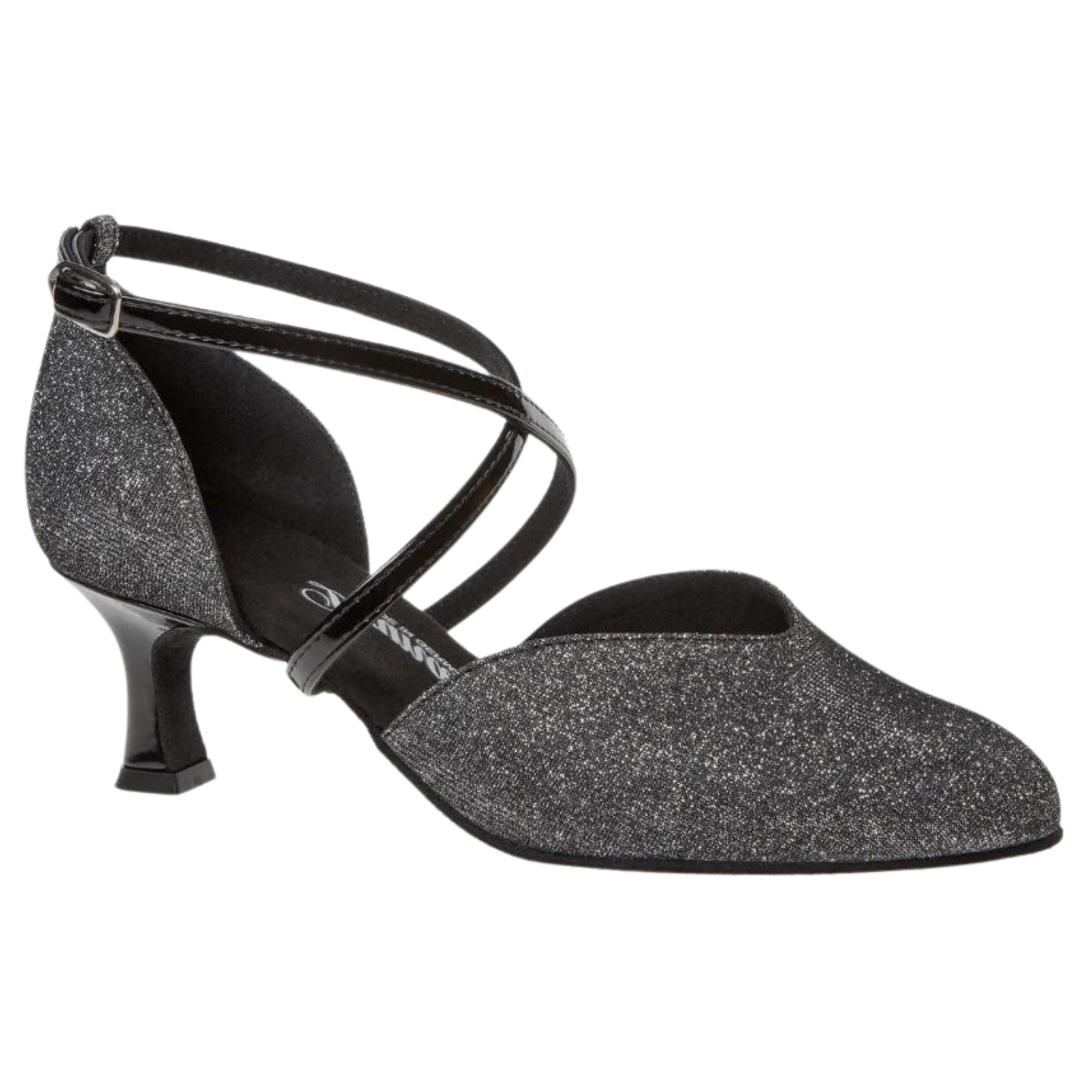 Diamant 170 Tanzschuhe in Anthrazit Glitter mit niedrigem Absatz, überkreuzten Riemchen und atmungsaktivem Futter.